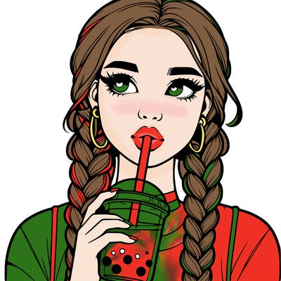 realistic girl with braided hair drinking boba