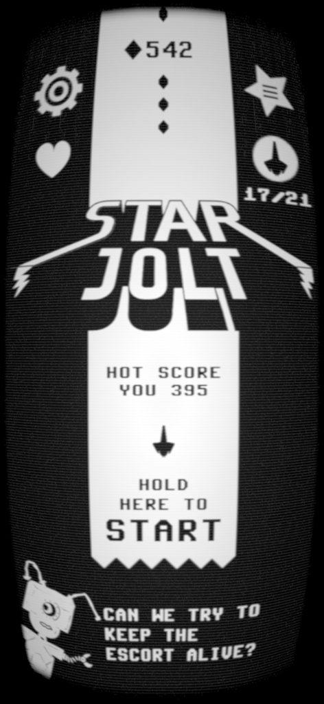 Star Jolt: Retro Space Arcade - Start screen of Star Jolt retro arcade mobile game with black and white pixel art interface