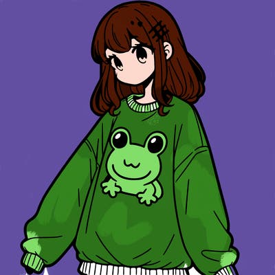 girl wearing frogging sweatshirt