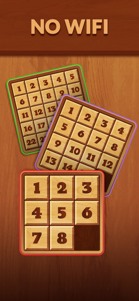 Offline Games: No Wifi Games - Three wooden sliding number puzzles in different grid sizes with No Wifi heading
