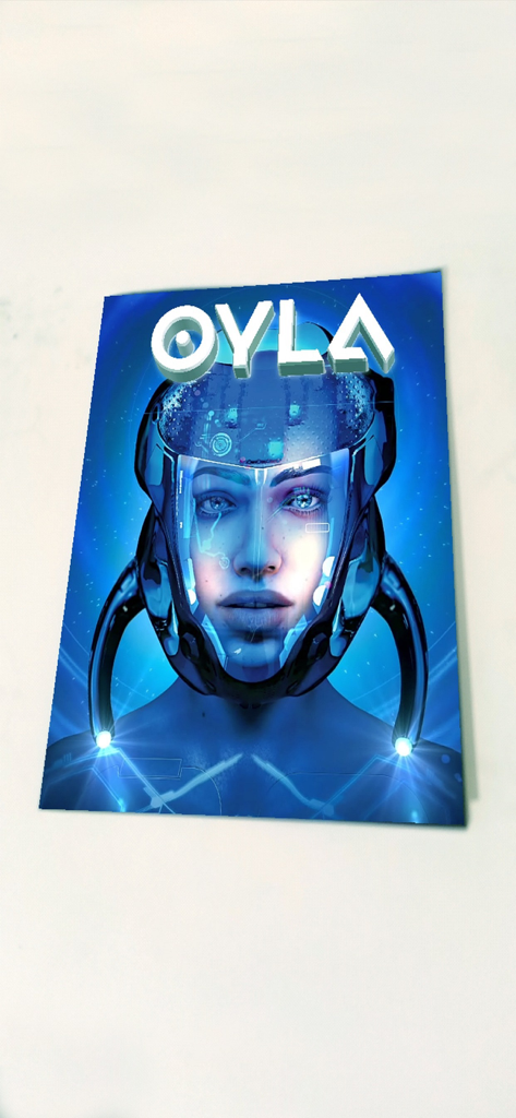 OYLA Science AR - Futuristic digital illustration of a person wearing a high-tech helmet on the cover of OYLA Science Magazine