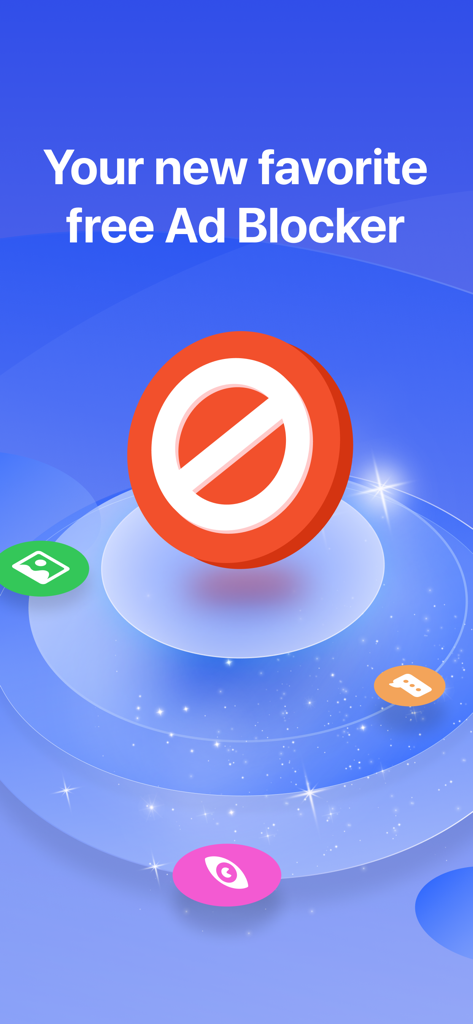 A blue promotional screen for Trend Micro Ad Blocker featuring a red stop symbol surrounded by privacy and content icons.