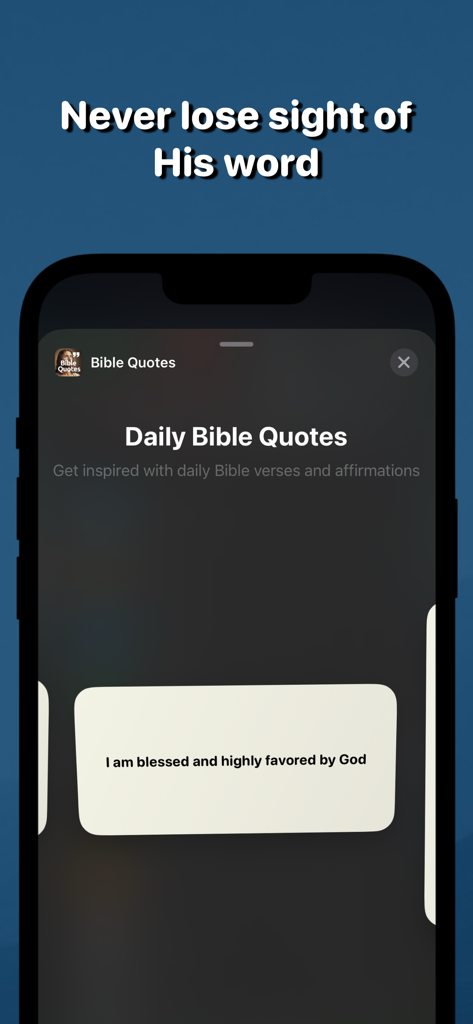 Bible Quotes ai: Verse Widget - Smartphone showing the Bible Quotes app with a daily spiritual affirmation widget on the home screen.