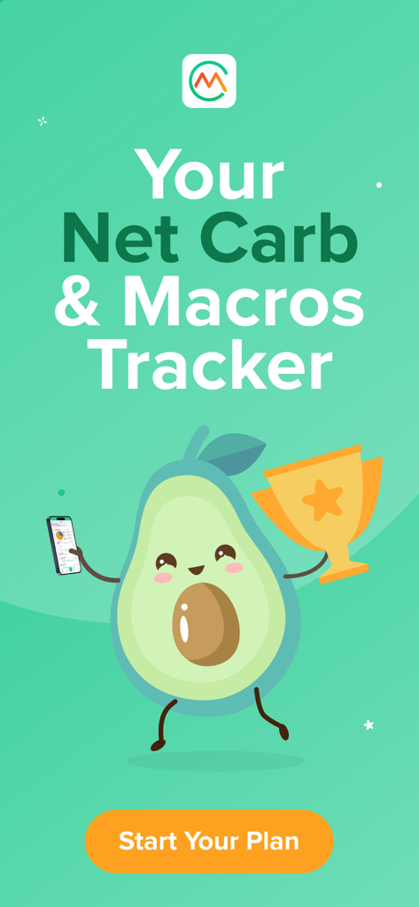 Carb Manager app splash screen featuring a cartoon avocado holding a trophy and text for net carb and macros tracking