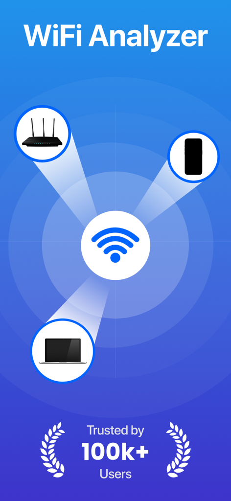 ルーター、スマートフォン、ラップトップを接続するWiFiネットワークと、100k以上の信頼できるユーザーというテキストが表示されたグラフィック