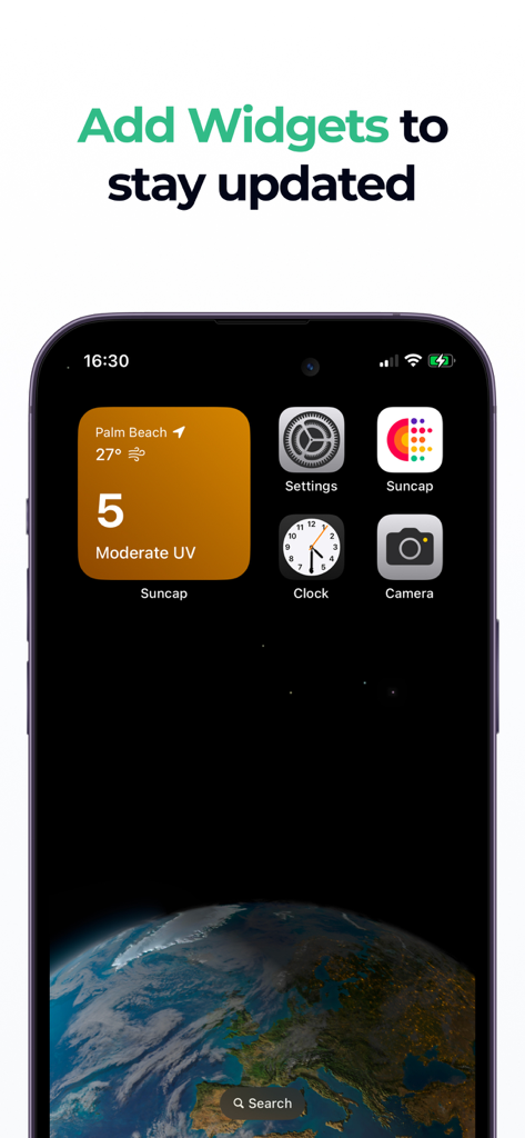 Suncap - UV Index - Suncap 앱 홈 화면 위젯에 iPhone에 현재 UV 지수와 온도가 표시됩니다.