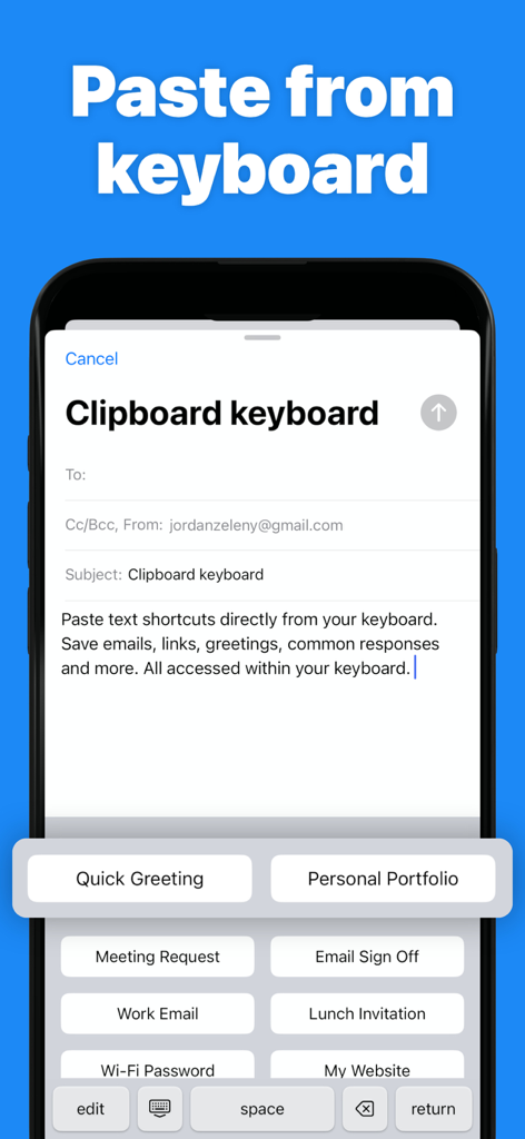 Clipboard Paste Keyboard - La aplicación Teclado de Pegado Rápido mostrando botones de atajos de texto personalizados para mensajería rápida en un iPhone