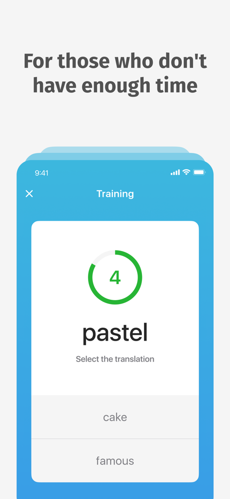 Bright Spanish App Trainingsoberfläche mit einem schnellen Vokabelübersetzungs-Quiz für das Wort pastel.