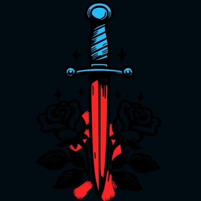 dagger in upright position with roses in front