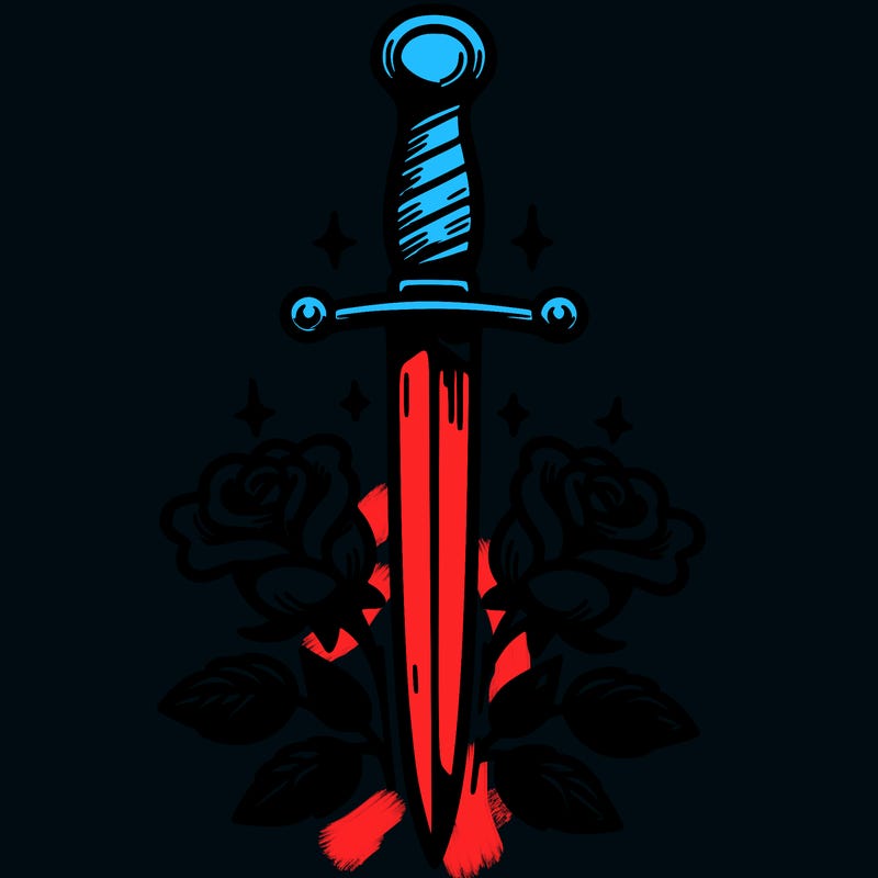 dagger in upright position with roses in front