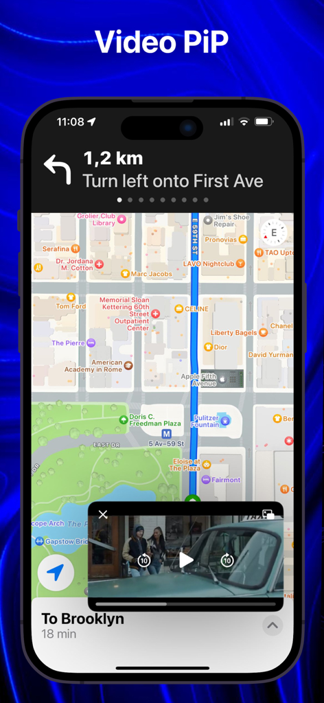 Bro Browser - PiP Video Player - Pantalla del iPhone mostrando un video reproduciéndose en modo Picture-in-Picture sobre una aplicación de mapas de navegación.