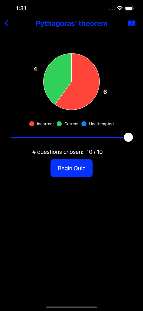 GCSE Maths : Geometry Lite - Un gráfico circular que muestra el progreso del estudiante para un cuestionario sobre el teorema de Pitágoras en una aplicación de matemáticas de geometría.