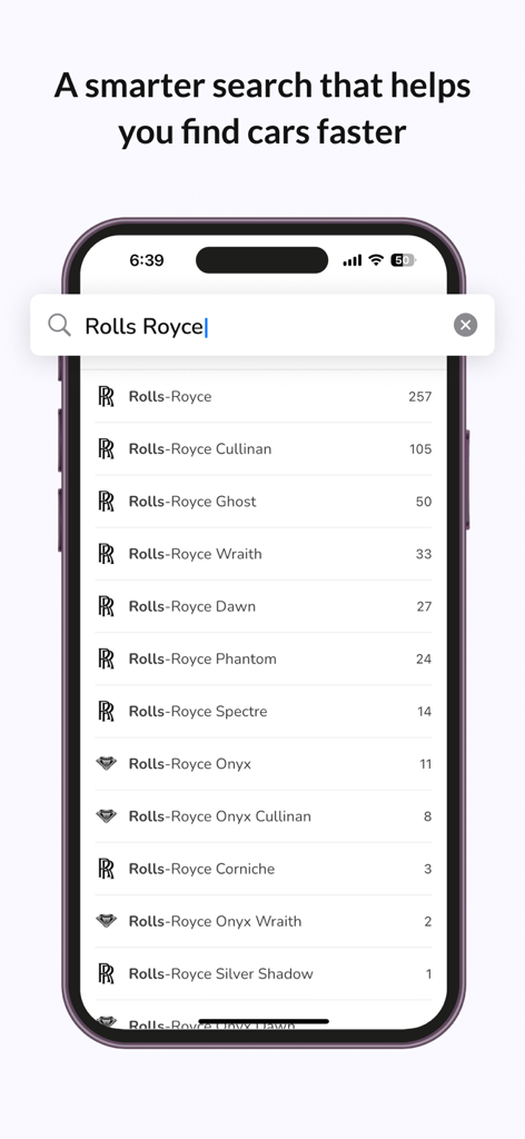 DubiCars | Used & New Cars UAE - DubiCars mobile app smart search feature showing luxury Rolls Royce car listings