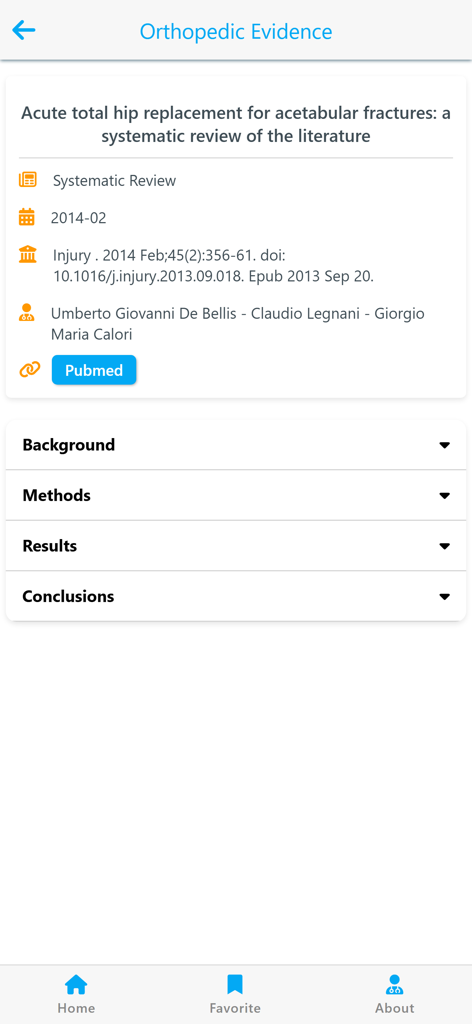 Uma interface móvel do aplicativo Orthopedic Evidence exibindo detalhes de um estudo médico sobre substituição de quadril com seções para métodos e resultados