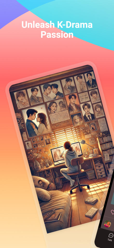 KDora - An illustration of a person in a room decorated with K-Drama posters and the text Unleash K-Drama Passion