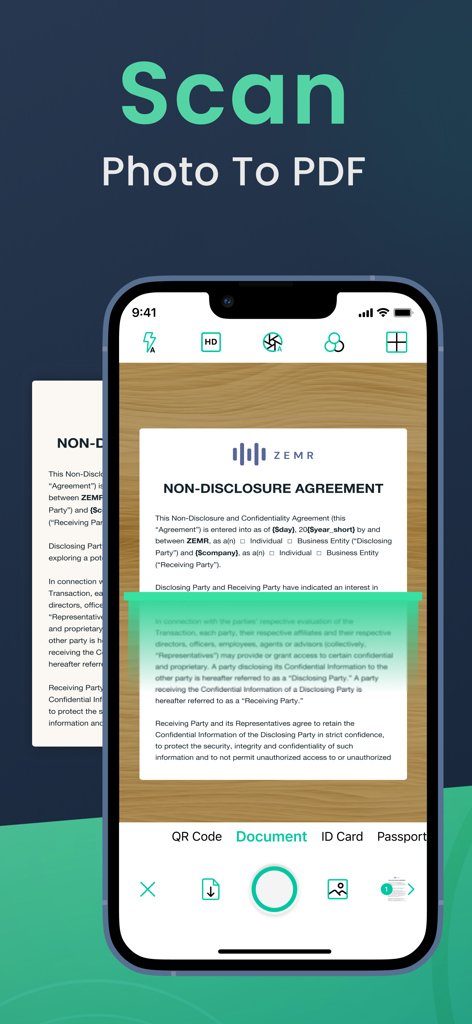 PDF Scanner App for Documents - Pantalla de iPhone mostrando una app escáner PDF capturando un documento de acuerdo de confidencialidad