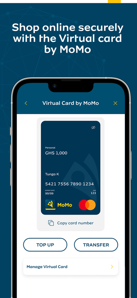 MoMo App - Interfaz de smartphone que muestra una tarjeta virtual MoMo para compras en línea seguras y transacciones digitales
