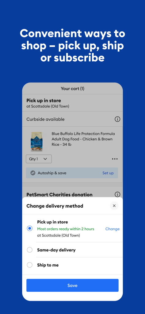 PetSmart - PetSmart mobile app screen showing options for in-store pickup, same-day delivery, and shipping for pet supplies.