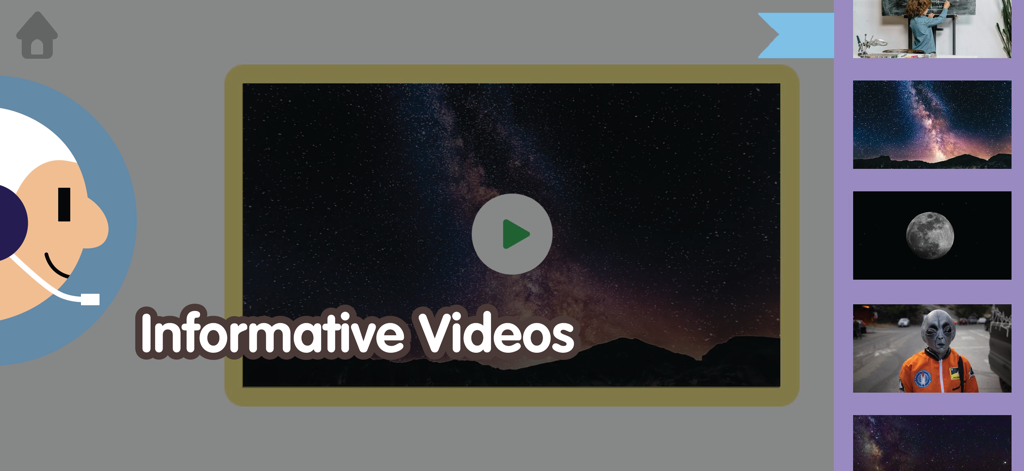 Little Astronauts - Space Kids - Interface of the Little Astronauts app showing the informative space videos gallery for kids