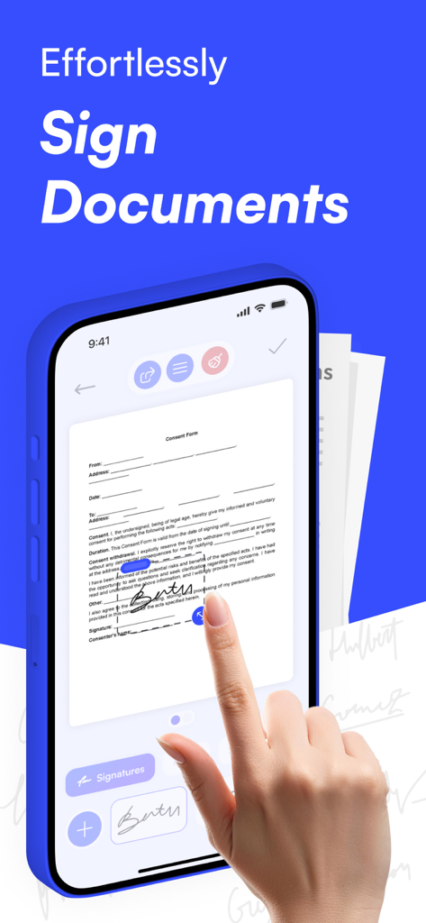 Sign Documents: PDF Signature - Eine Person fügt eine digitale Handsignatur zu einem PDF-Zustimmungsformular auf einem iPhone hinzu