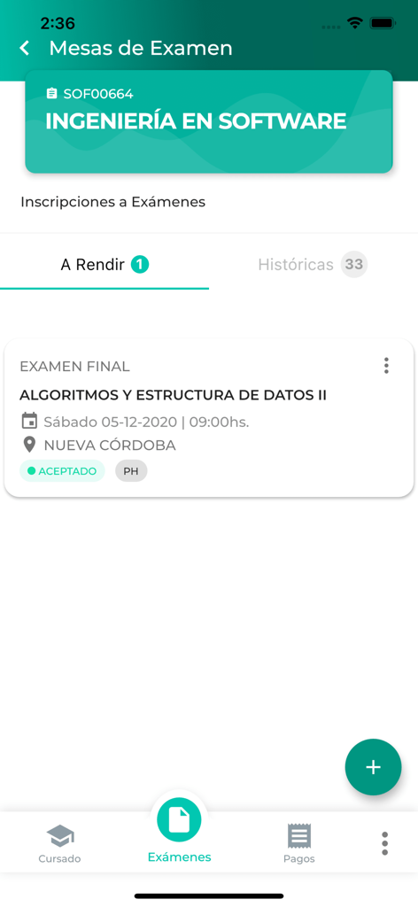 Interfaz de la app móvil para registrarse a exámenes en el programa de ingeniería de software de la Universidad Siglo 21