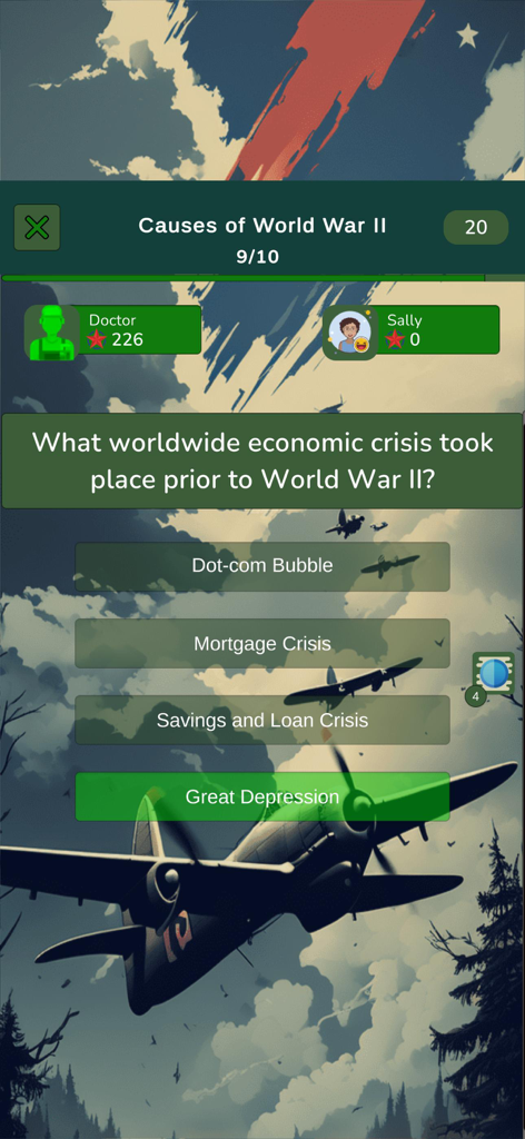 World War 2 Knowledge Quiz - Un match de quiz multijoueur dans l'application Quiz de connaissances sur la Seconde Guerre mondiale montrant une question historique sur la Grande Dépression.