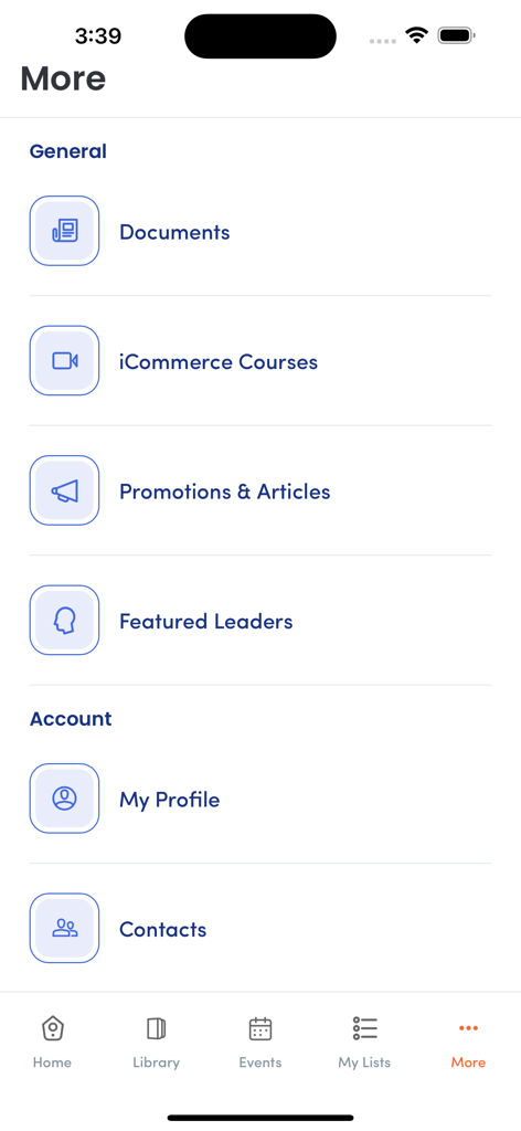 Menu 'Mais' do aplicativo iCommerce Connect com documentos de negócios e configurações de conta