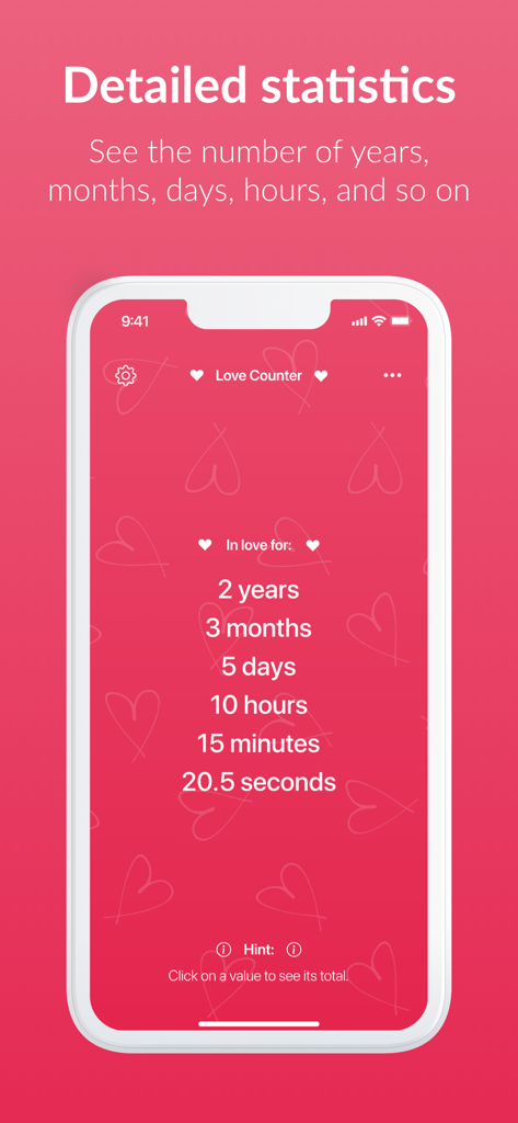 Love Counter – Time in Love - Captura de pantalla de la aplicación Love Counter que muestra el seguimiento detallado del tiempo en una relación, incluyendo años, meses y segundos