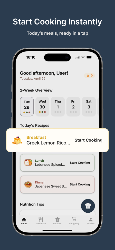 Craveit AI - Meal Planner - Craveit AI app dashboard showing a 2-week meal overview and recipes for breakfast lunch and dinner