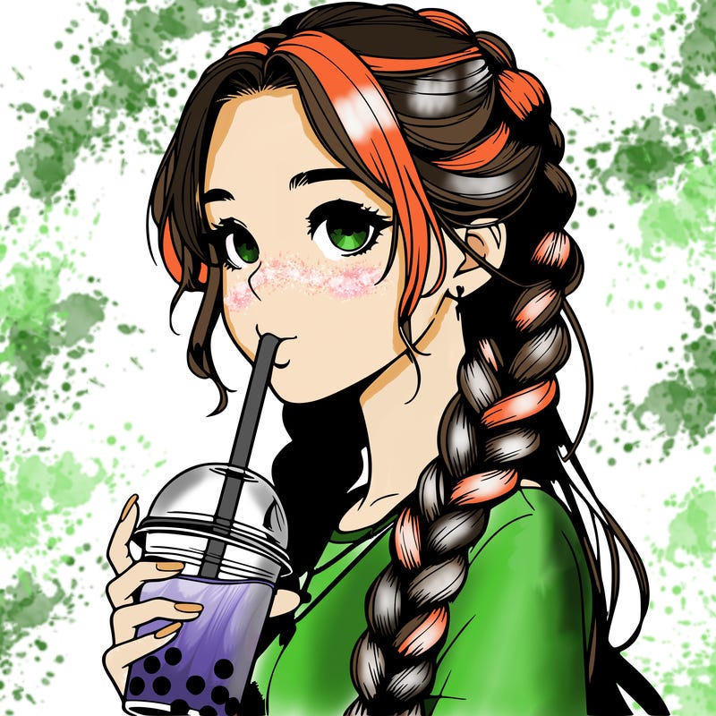 realistic girl with braided hair drinking boba