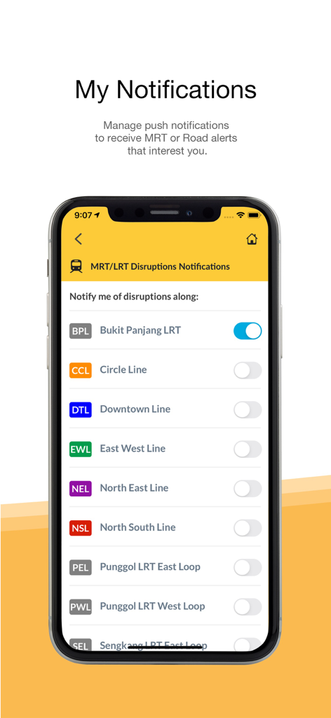 Smartphone screen showing the My Notifications settings in the MyTransport.SG app for MRT and LRT disruption alerts