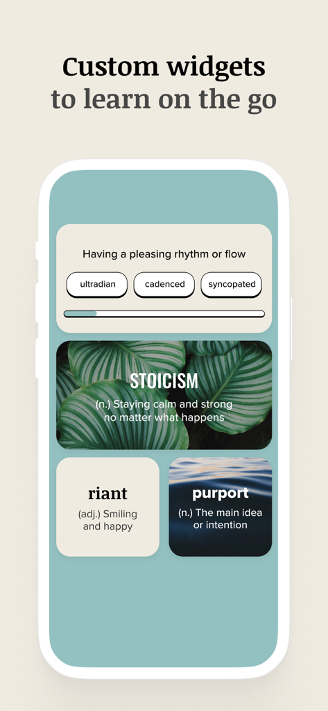 A mobile screen showing various aesthetic vocabulary widgets for learning new words on the go.