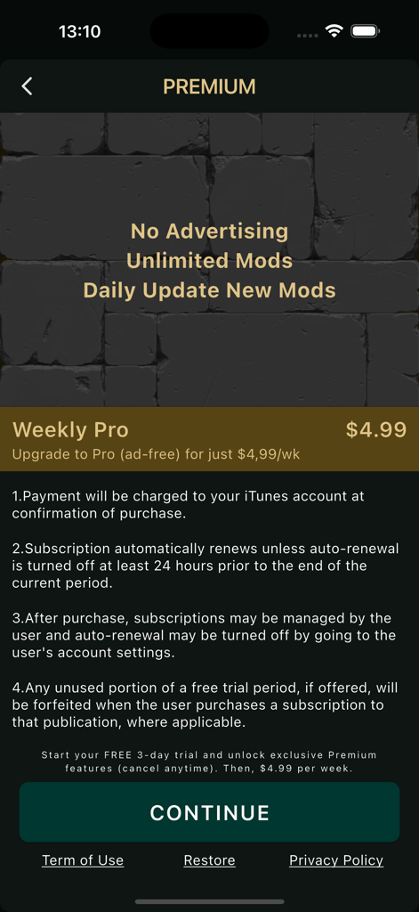 HD Melmods Sandbox Mod - Premium subscription page for HD Melmods Sandbox Mod showing Weekly Pro plan benefits like no ads and unlimited mods