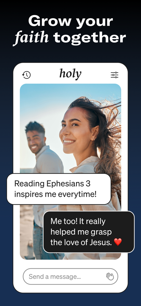 Holy — Christian Dating App - Chat interface in the Holy app showing a faith-based conversation about Bible verses.