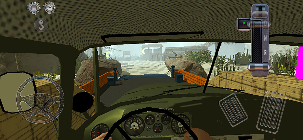 泥泞运输模拟驾驶卡车拉猪 - Vista interior del camión en primera persona con controles del tablero y volante