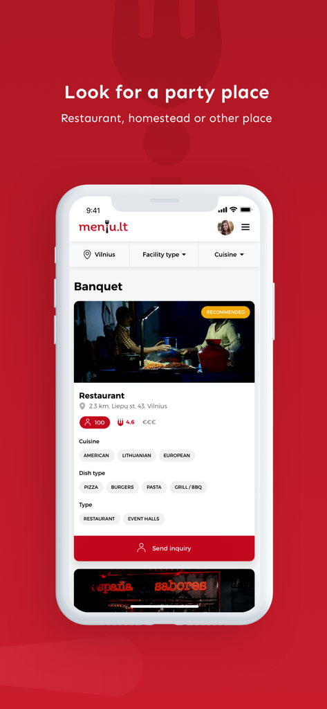 Meniu.lt - Meniu.lt app screen for searching banquet and party venues in Vilnius