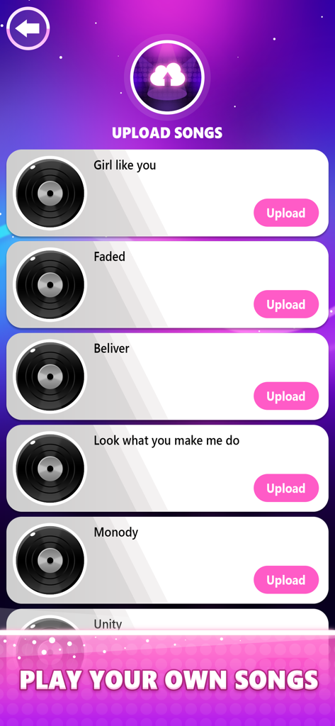 Menu for uploading custom music in Color Tiles Vocal Piano Game