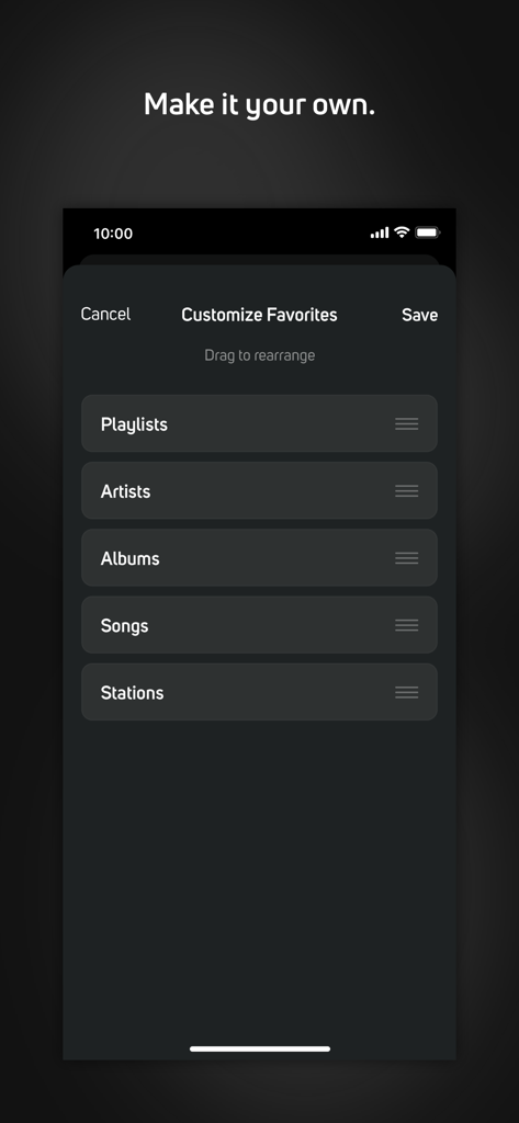 BluOS Controller - Bildschirm, der das Menü Favoriten anpassen in der BluOS Controller-App zeigt