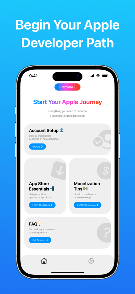 Developer - Create App Guide - Das Haupt-Dashboard der Entwickler - App-Erstellungshandbuch-App mit Kategorien wie Konto-Einrichtung und Monetarisierungs-Tipps