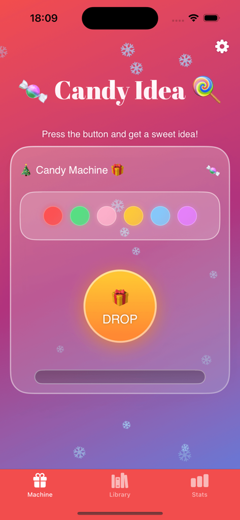 The main screen of the Christmas CandyIdea app featuring a candy dispenser interface with a large button to drop a surprise idea