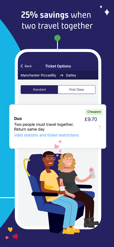 Northern Train app screenshot showing Duo ticket options with 25 percent savings for two people traveling together