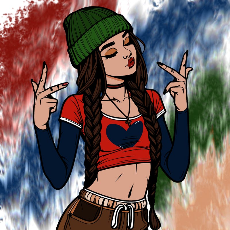 realistic teenage girl with braids and a beanie and crop top doing 🫶🏼