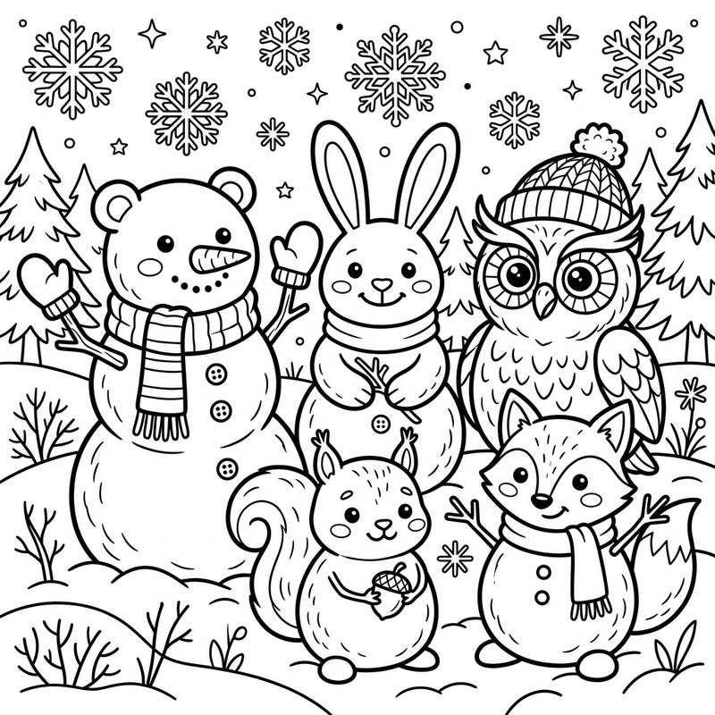 Discover a charming winter scene featuring five delightful animal-shaped snowmen, each bringing a unique character to the snowy landscape. This enchanting coloring page is perfect for anyone looking to add a touch of whimsy to their winter days.
