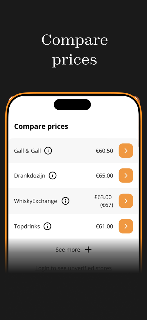 A mobile screen from the Distilld app showing a list of different stores and their current prices for a specific whisky bottle
