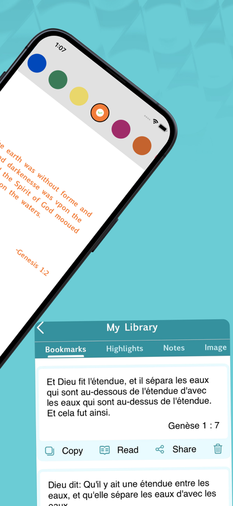 Interface of the 1599 Geneva Bible app showing verse highlighting and the bookmarks library