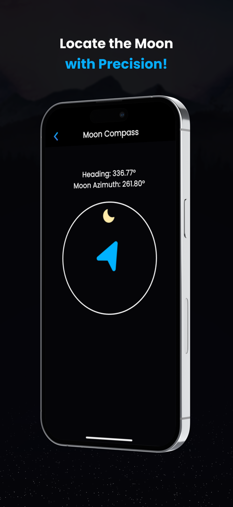 UltraZoom 200x - Super TeleCam - iPhone screen displaying the Moon Compass feature with heading and azimuth data for astronomical tracking.
