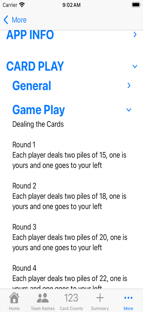 Hearts Samba Scoring - Captura de pantalla de la aplicación Hearts Samba Scoring que muestra las reglas de reparto e instrucciones de juego para juegos de cartas.