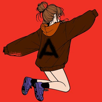 realistic girl jumping with a bun and oversized sweatshirt