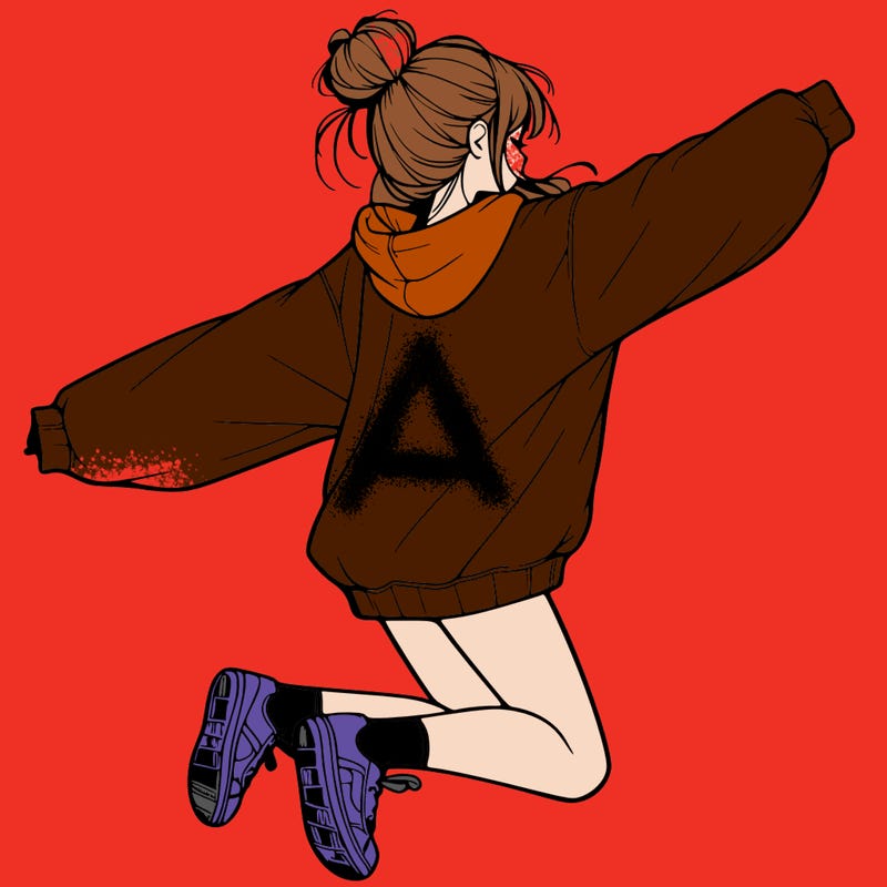 realistic girl jumping with a bun and oversized sweatshirt