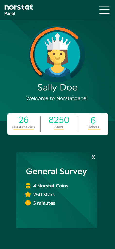 Norstatpanel - Dashboard dell'app mobile Norstatpanel che mostra i premi dell'utente, inclusi Norstat Coins, Stars e sondaggi disponibili.
